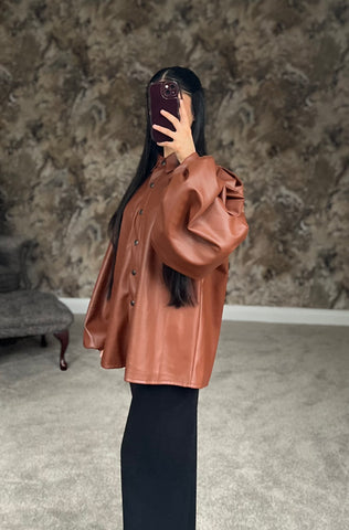 Mocha Luxe Faux Leather Shirt (Brown Shade)