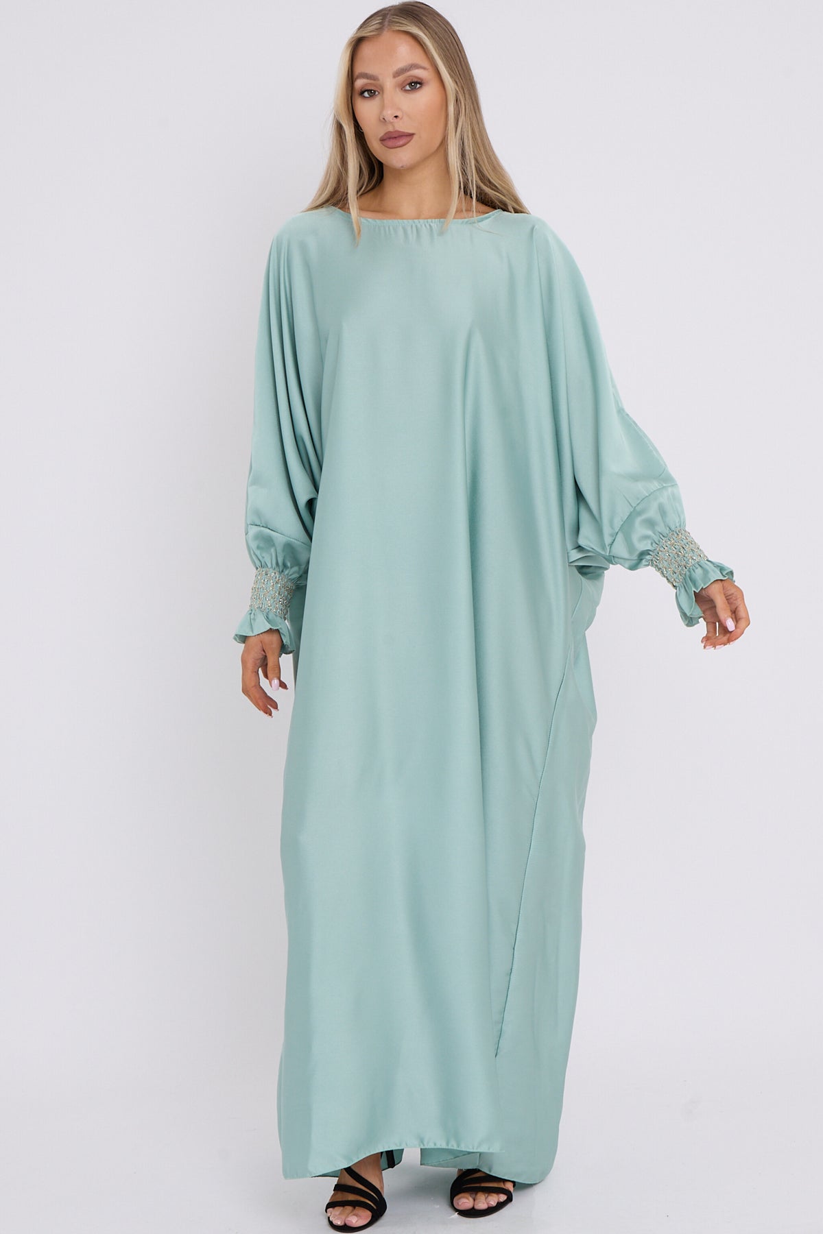 WOMENS GATHERED SLEEVES ABAYA MINT