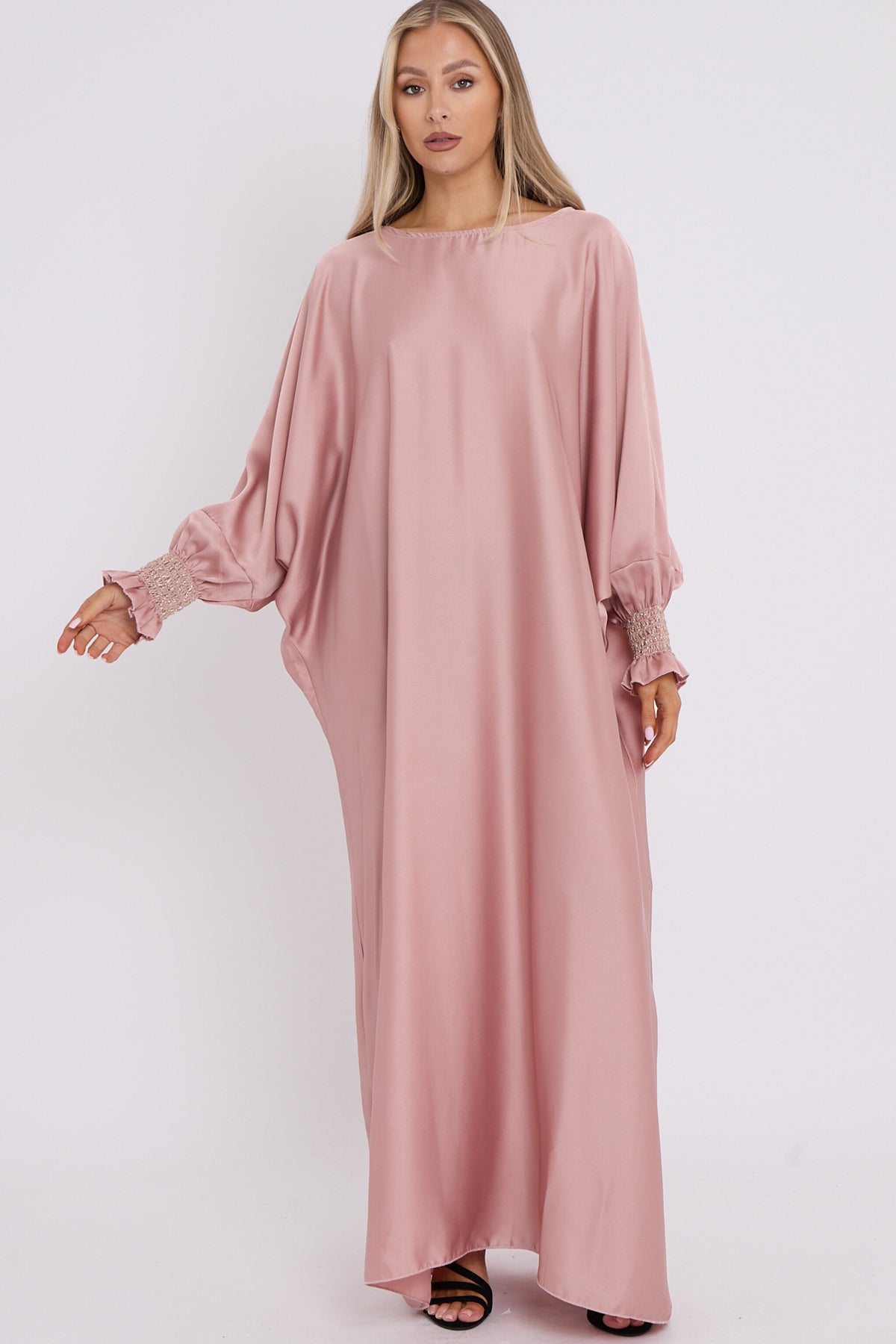 WOMENS GATHERED SLEEVES ABAYA PINK