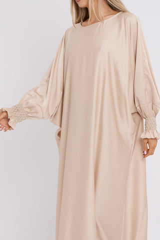 WOMENS GATHERED SLEEVES ABAYA BEIGE
