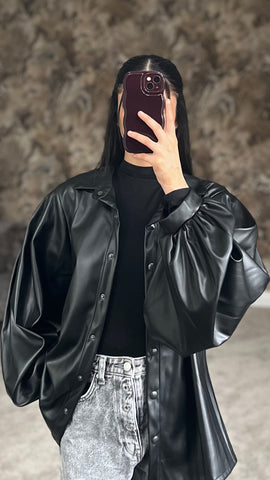 Classic Noir Luxe Faux Leather Shirt (Black)