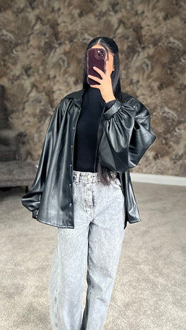 Classic Noir Luxe Faux Leather Shirt (Black)
