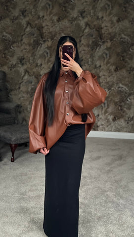 Mocha Luxe Faux Leather Shirt (Brown Shade)