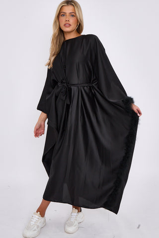 BLACK WOMENS SATIN BELTED DRESS WITH FEATHERS