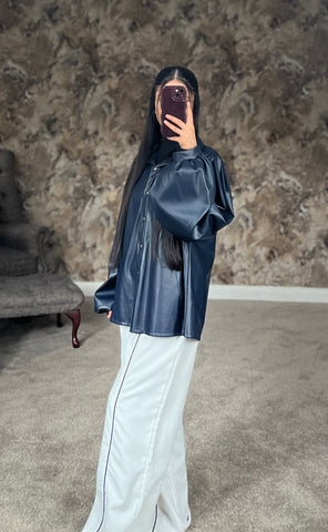 Midnight Noir Luxe Faux Leather Shirt (Deep Navy/Blue)