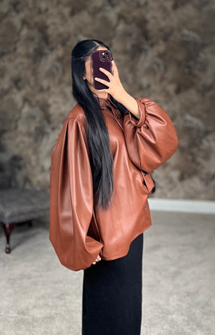 Mocha Luxe Faux Leather Shirt (Brown Shade)