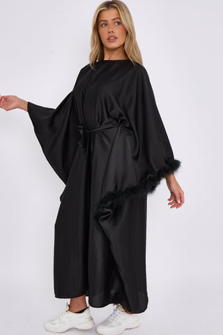 BLACK WOMENS SATIN BELTED DRESS WITH FEATHERS