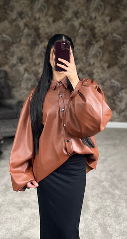 Mocha Luxe Faux Leather Shirt (Brown Shade)