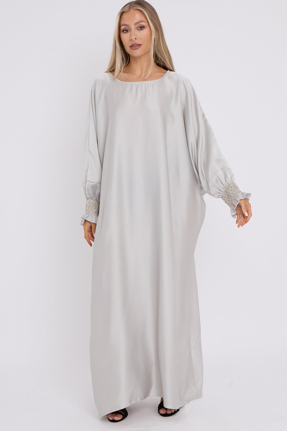 WOMENS GATHERED SLEEVES ABAYA GREY