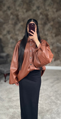 Mocha Luxe Faux Leather Shirt (Brown Shade)