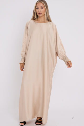 WOMENS GATHERED SLEEVES ABAYA BEIGE