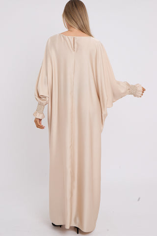 WOMENS GATHERED SLEEVES ABAYA BEIGE