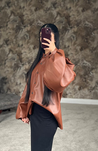 Mocha Luxe Faux Leather Shirt (Brown Shade)