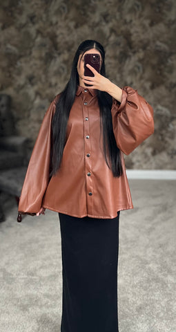 Mocha Luxe Faux Leather Shirt (Brown Shade)
