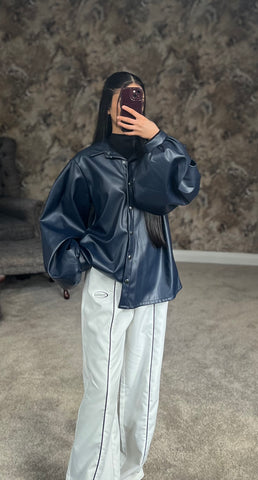 Midnight Noir Luxe Faux Leather Shirt (Deep Navy/Blue)