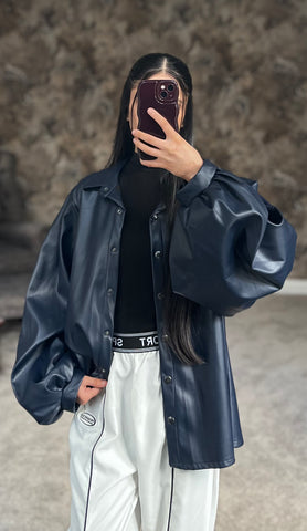 Midnight Noir Luxe Faux Leather Shirt (Deep Navy/Blue)