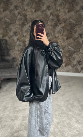 Classic Noir Luxe Faux Leather Shirt (Black)