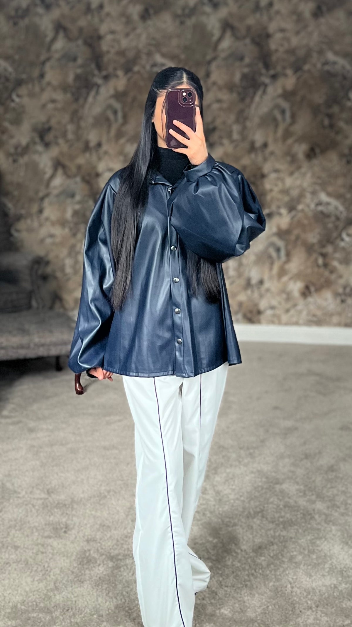 Midnight Noir Luxe Faux Leather Shirt (Deep Navy/Blue)