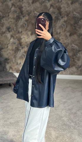 Midnight Noir Luxe Faux Leather Shirt (Deep Navy/Blue)