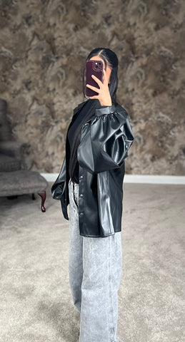 Classic Noir Luxe Faux Leather Shirt (Black)