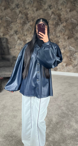 Midnight Noir Luxe Faux Leather Shirt (Deep Navy/Blue)