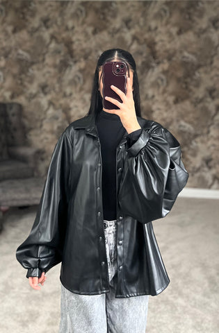Classic Noir Luxe Faux Leather Shirt (Black)