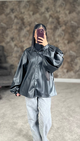 Classic Noir Luxe Faux Leather Shirt (Black)