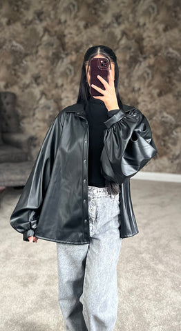 Classic Noir Luxe Faux Leather Shirt (Black)