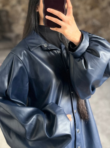 Midnight Noir Luxe Faux Leather Shirt (Deep Navy/Blue)