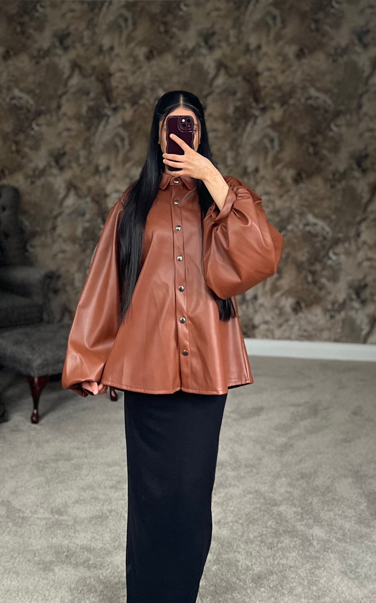 Mocha Luxe Faux Leather Shirt (Brown Shade)