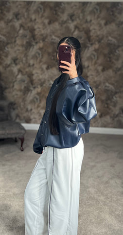 Midnight Noir Luxe Faux Leather Shirt (Deep Navy/Blue)