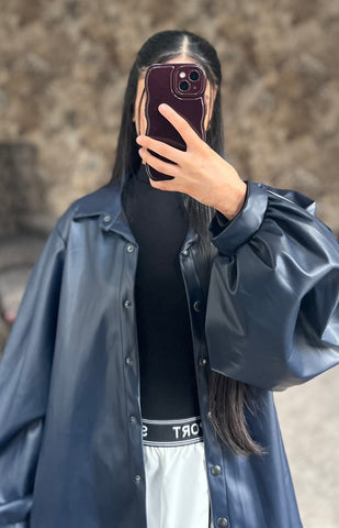 Midnight Noir Luxe Faux Leather Shirt (Deep Navy/Blue)