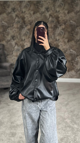 Classic Noir Luxe Faux Leather Shirt (Black)