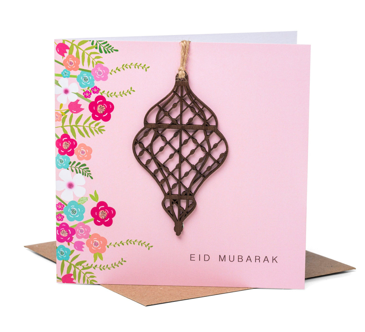 Laser Cut Wooden Lantern Eid Mubarak Card - Pink