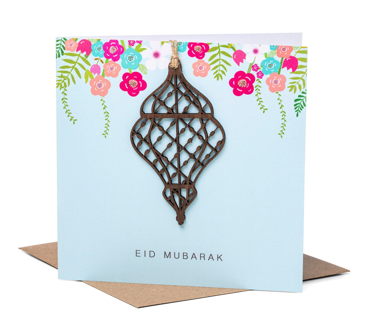 Laser Cut Wooden Lantern Eid Mubarak Card - Blue
