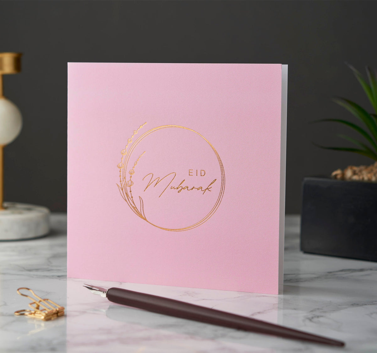 Eid Mubarak Gold Foiled Greeting Card in Blush Pink