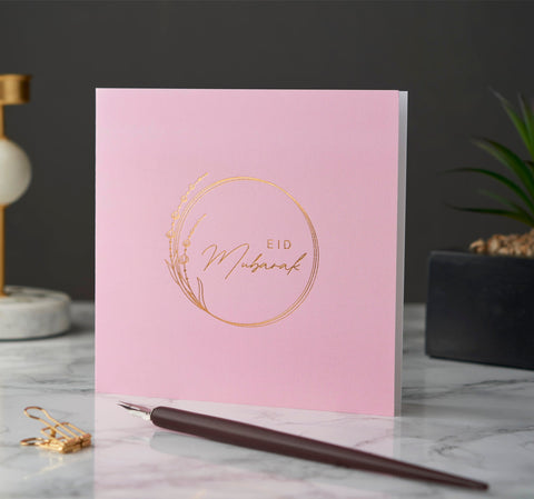 Eid Mubarak Gold Foiled Greeting Card in Blush Pink