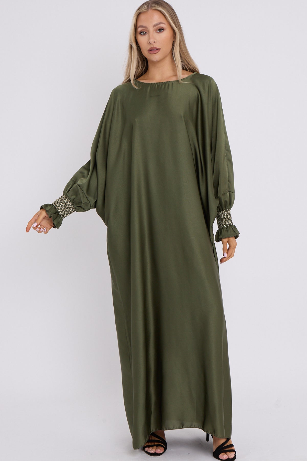 WOMENS GATHERED SLEEVES ABAYA KHAKI