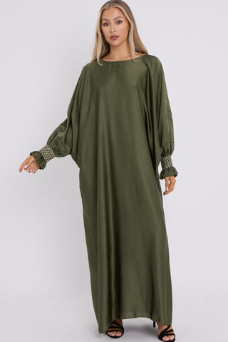 WOMENS GATHERED SLEEVES ABAYA KHAKI