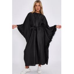 BLACK WOMENS SATIN BELTED DRESS WITH FEATHERS