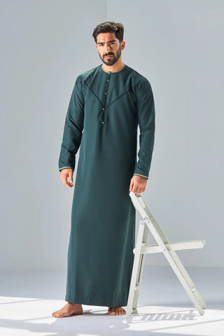 Faris Mens Emirati Emerald Green Gold Button Thobe