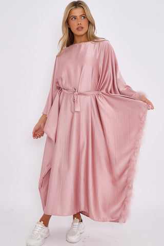 WOMENS SATIN BELTED DRESS WITH FEATHERS PINK