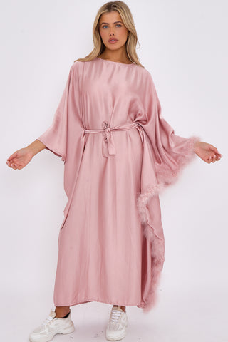 WOMENS SATIN BELTED DRESS WITH FEATHERS PINK
