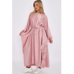 WOMENS SATIN BELTED DRESS WITH FEATHERS PINK